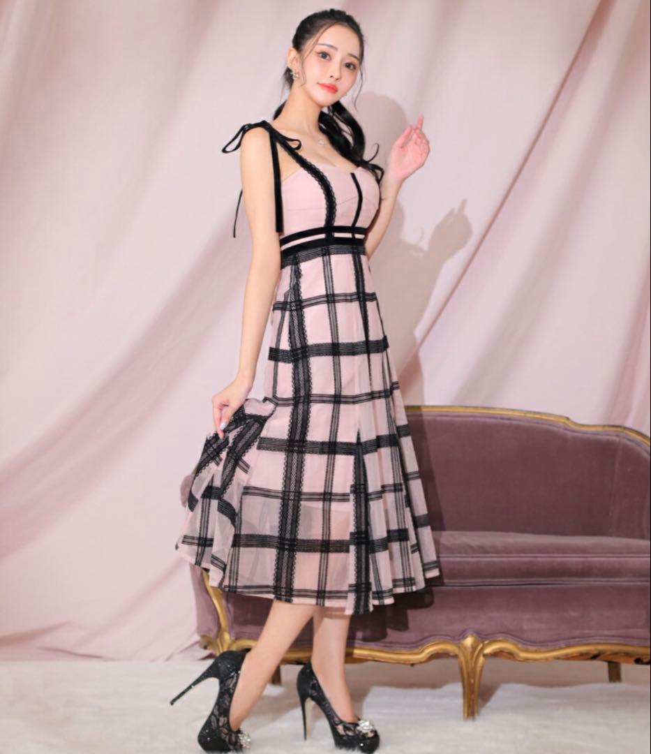 チュールチェックフレアロングドレス