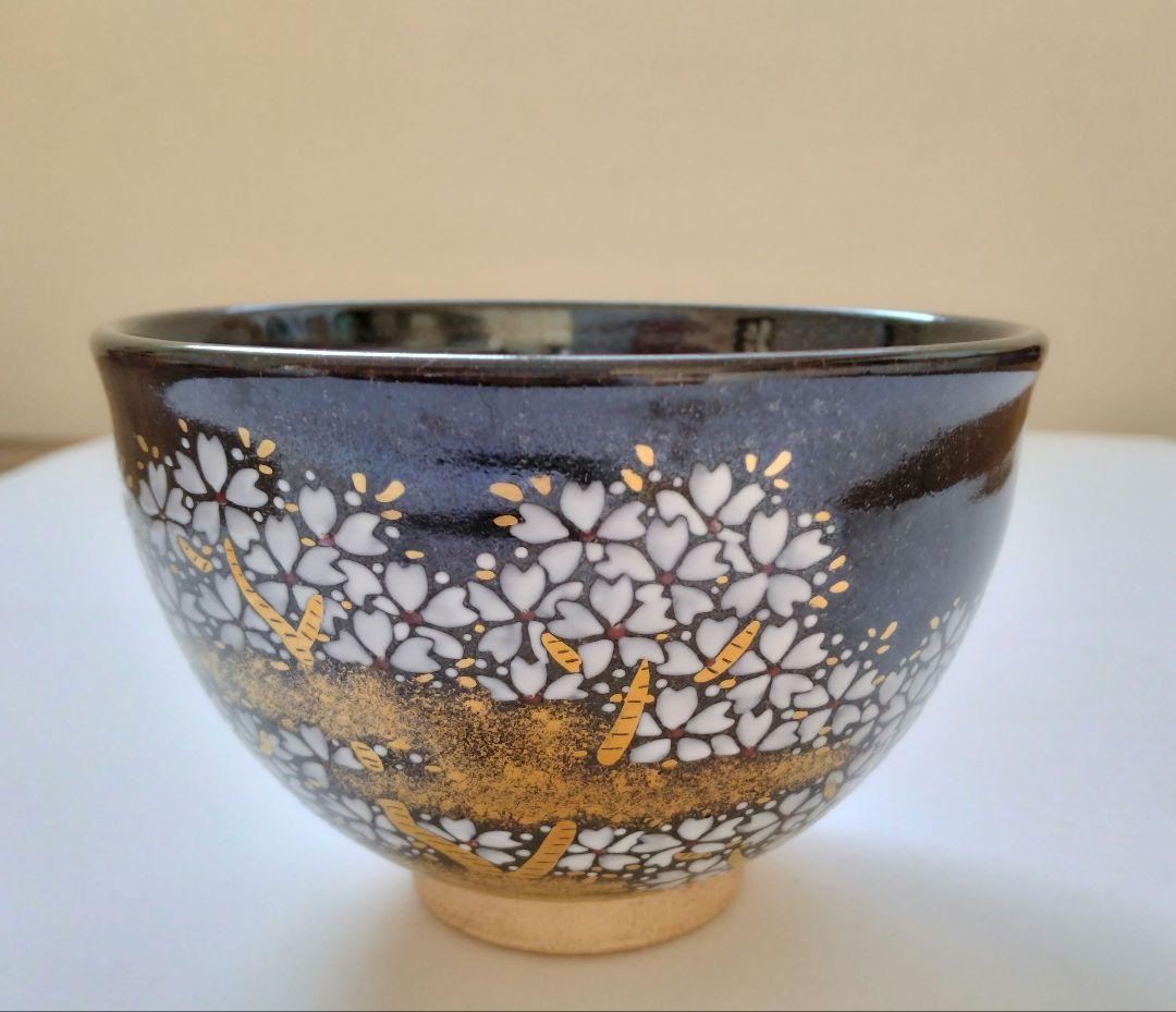 陽炎園　膳所焼　色絵夜桜茶碗　抹茶碗　茶道具　淡海膳所　共箱 共布 栞付