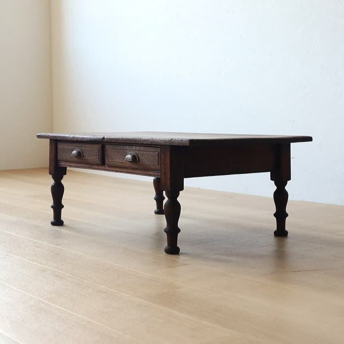 アンティーク ロクロ脚 引き出し付き 無垢材 文机 古家具 ブラウン