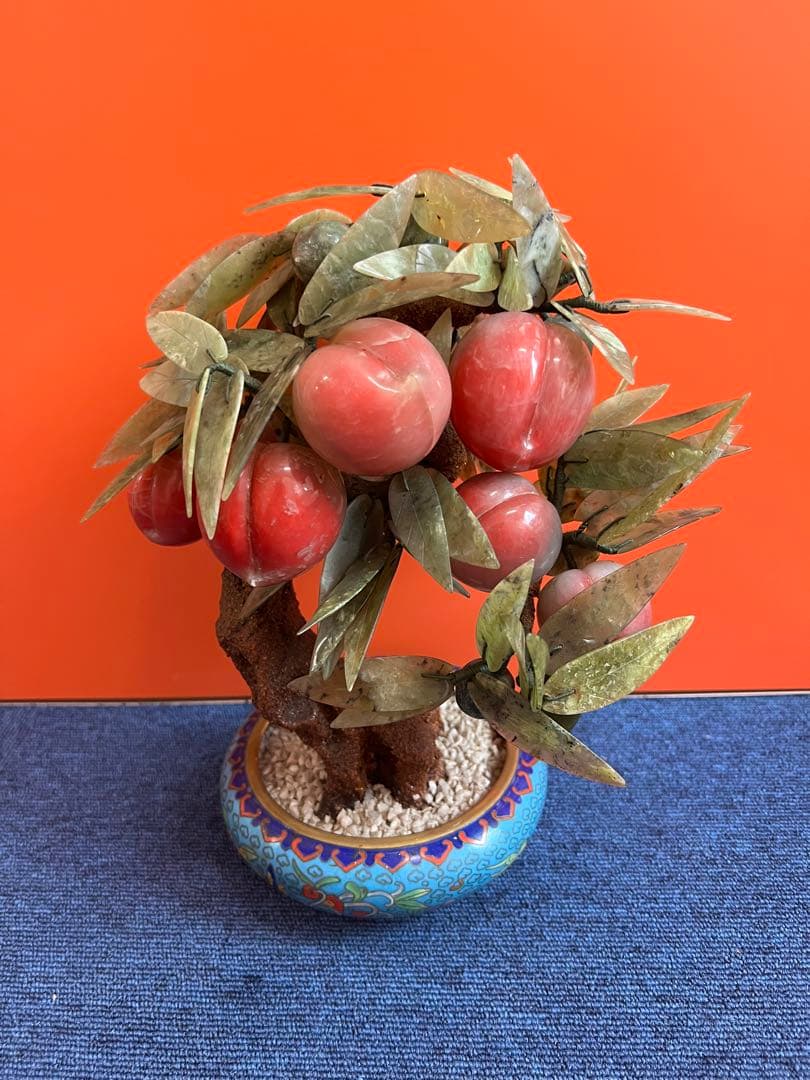 1184 中国美術　桃樹玉石　桃木玉石盆栽　景泰藍　石細工彫刻　置物