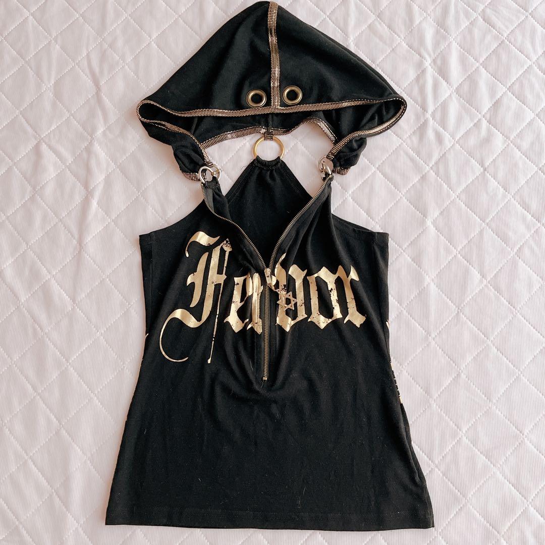 美品 d.i.a フード付き タンクトップ ブラック ゴールドプリント 黒