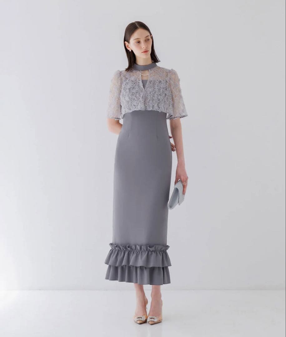 Leja グレー フリル付きパーティードレス　Ｓサイズ