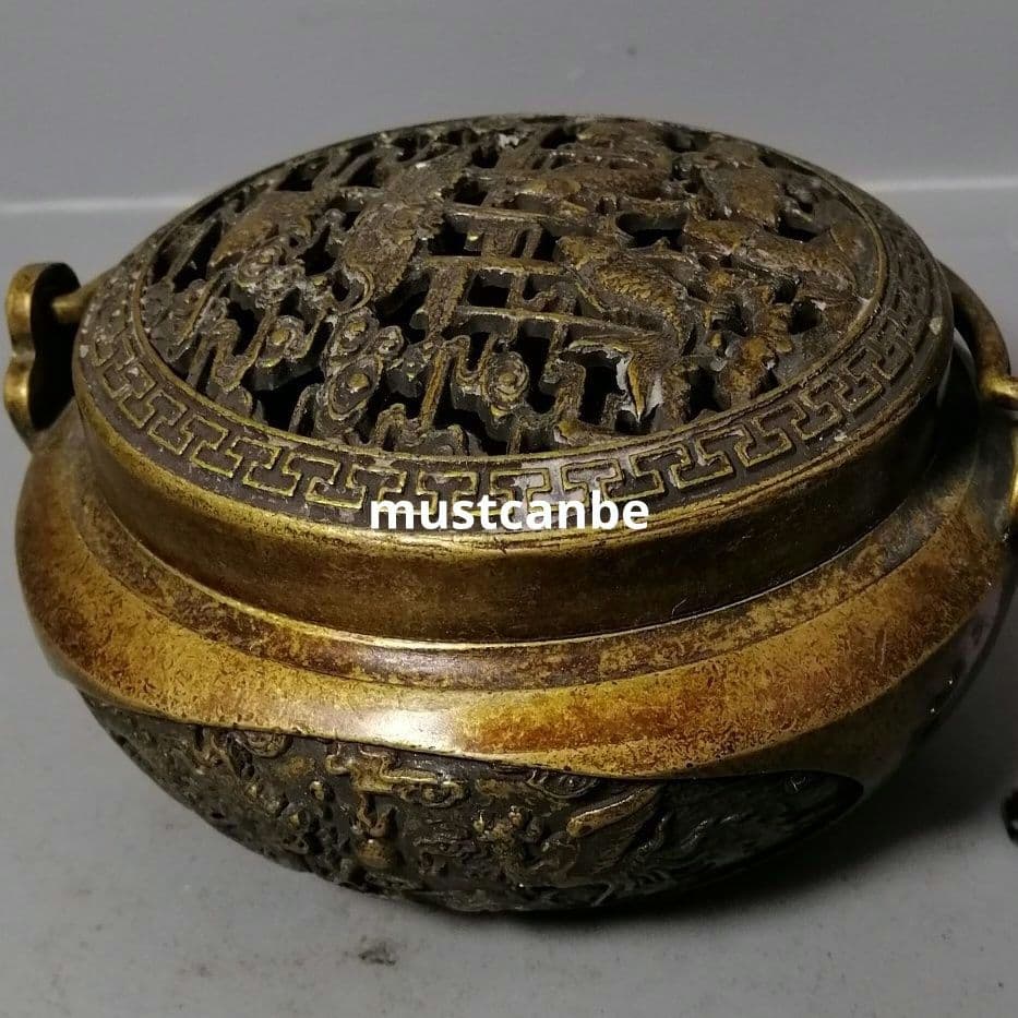 銅器 牡丹花透かし彫り蓋龍鳳呈祥香炉 暖手炉 香道具 工芸品 置物