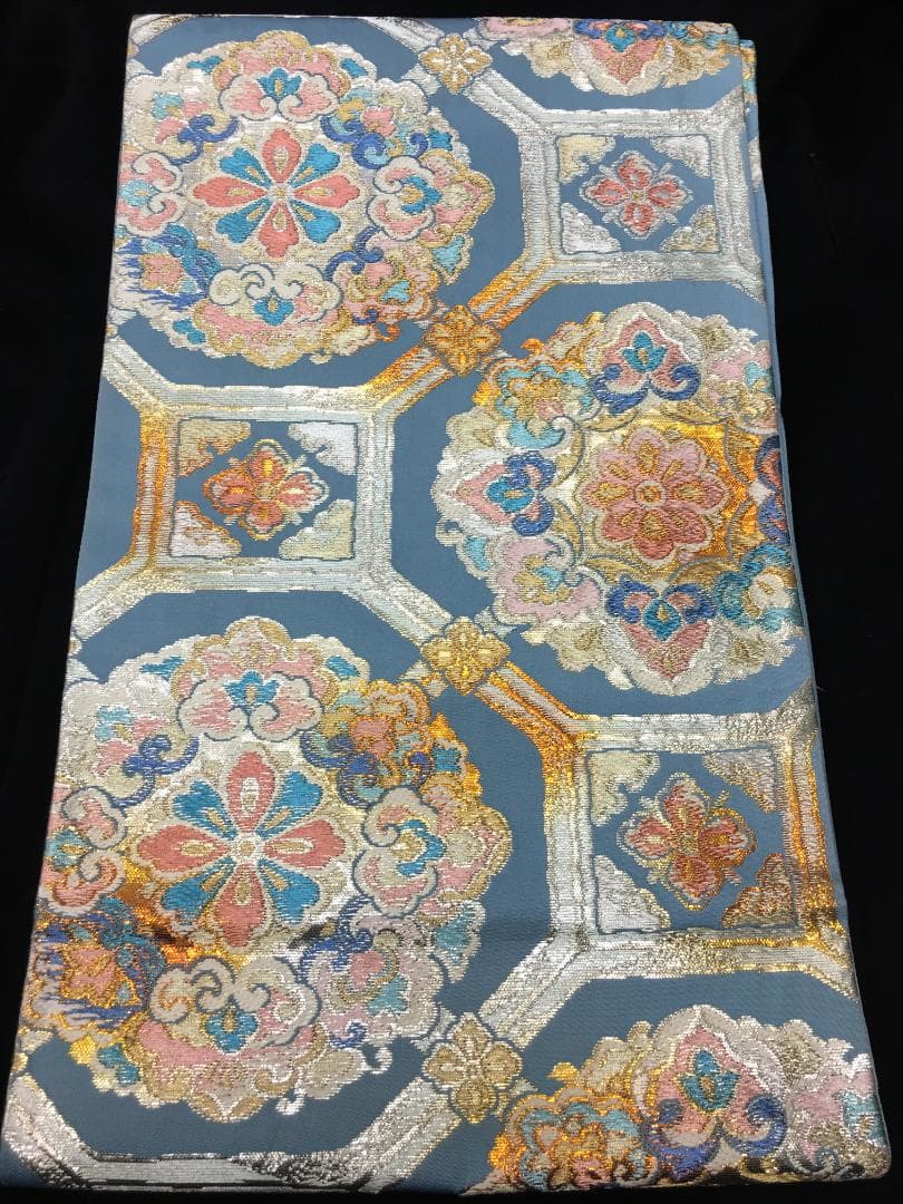 西陣織 手織り彩り蜀甲華紋 水色 六通柄袋帯