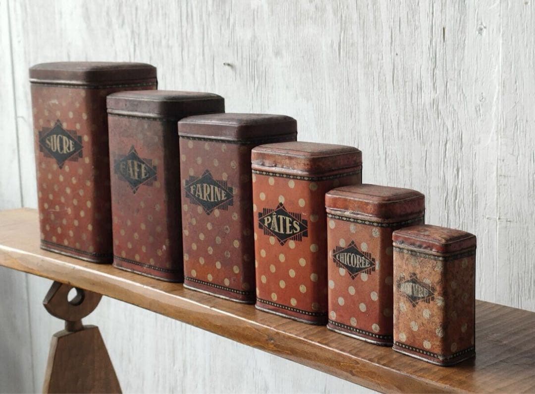 フランス アンティーク tin can キャニスター 6個 ティン缶 ドット柄