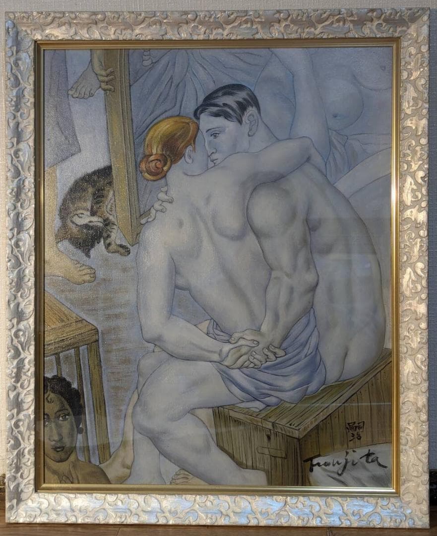 【模写】絵画　藤田嗣治　アクリル画　乳白色の裸婦と猫のいる幻想的構図　W58