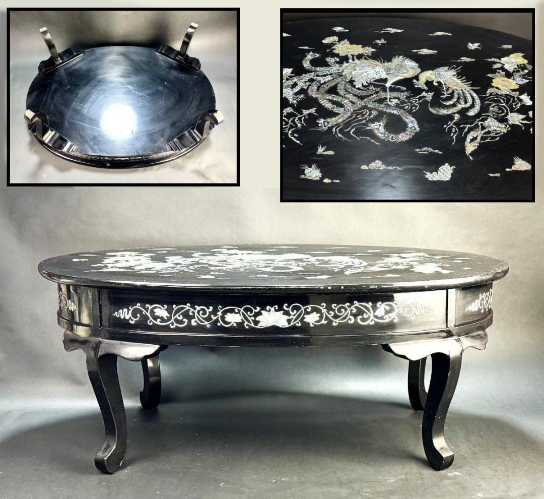 精密螺鈿 漆器花鳥文座卓 民芸家具 オーバル型 和風 リビング WWWT091
