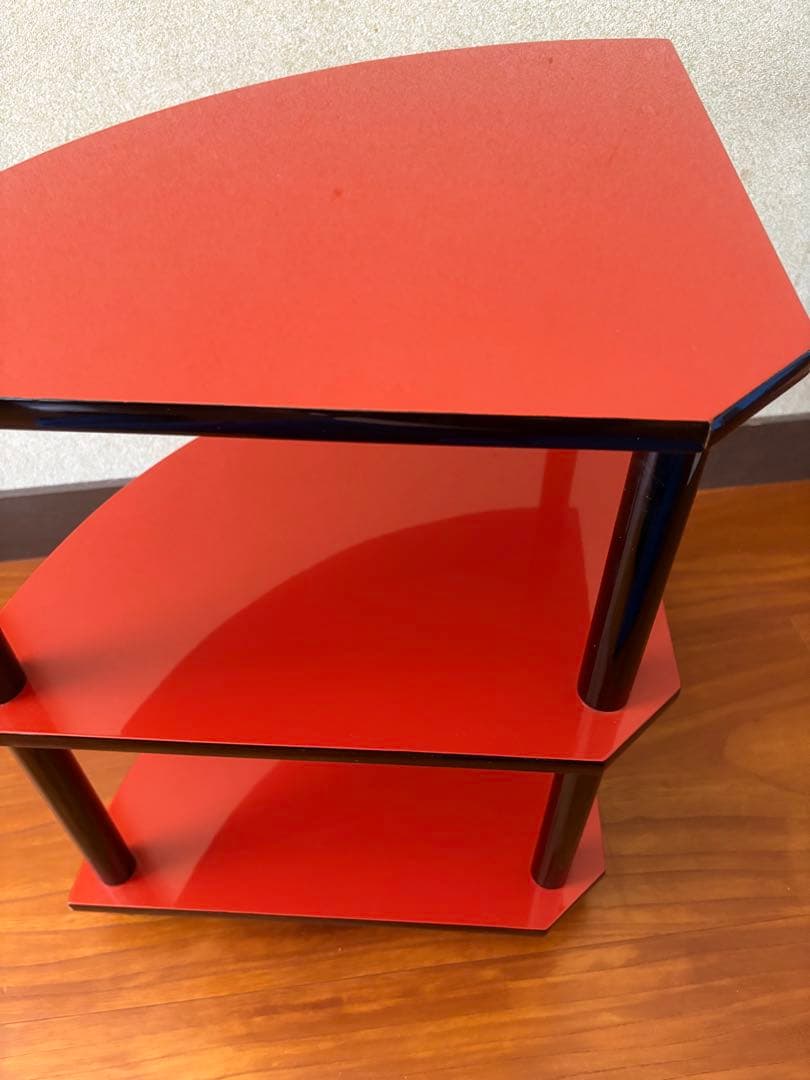 和テイスト 工芸品 木製 コーナー型 3段シェルフ コーナーラック 赤