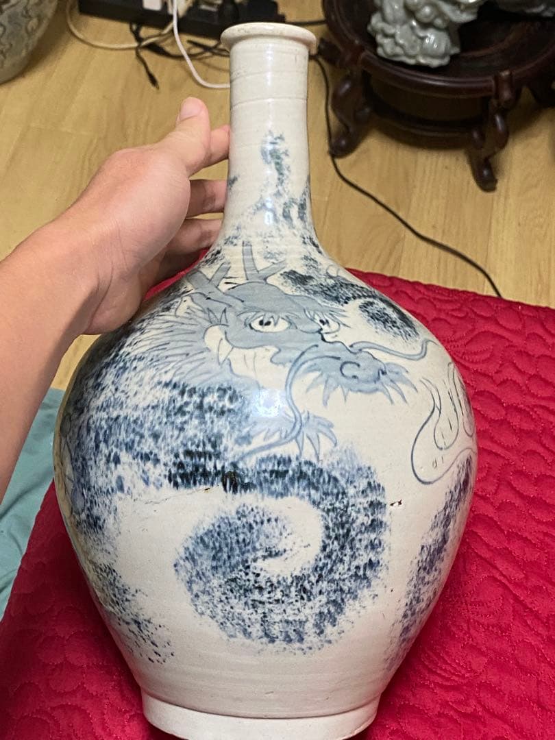江戸時代　青白磁 ドラゴン模様 花瓶　骨董品