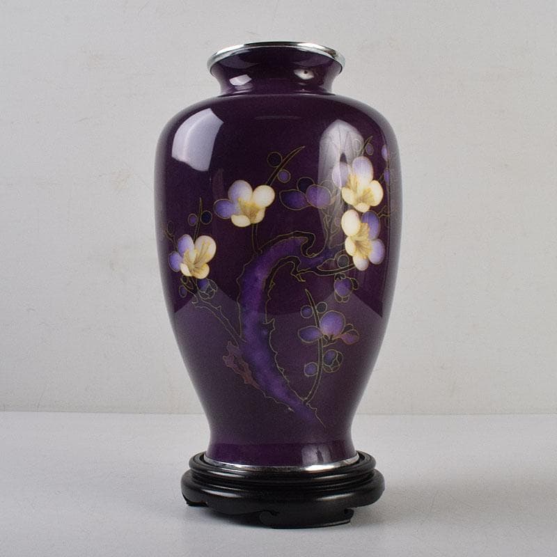 七宝焼　紫地梅文　花瓶　唐木台付　共箱　V　R9100