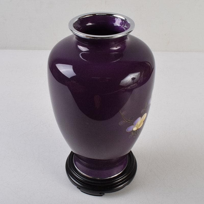 七宝焼　紫地梅文　花瓶　唐木台付　共箱　V　R9100