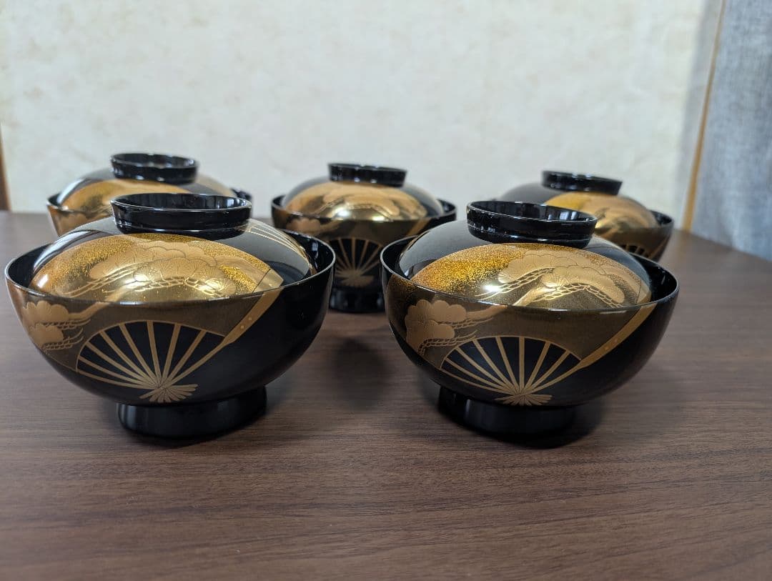 蒔絵　扇面　松竹梅　吸物椀　雑煮椀　煮物椀　５客セット　輪島塗