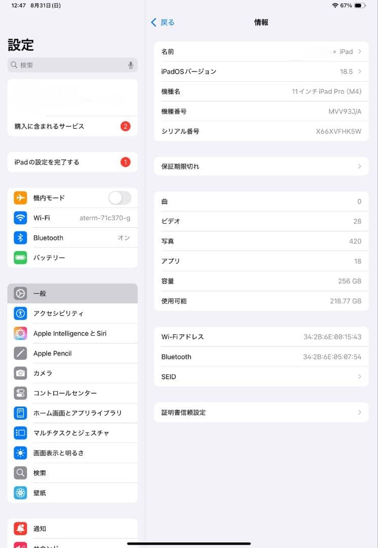 バッテリー100%　iPad Pro11インチ(M4) Wi-Fi 256GB