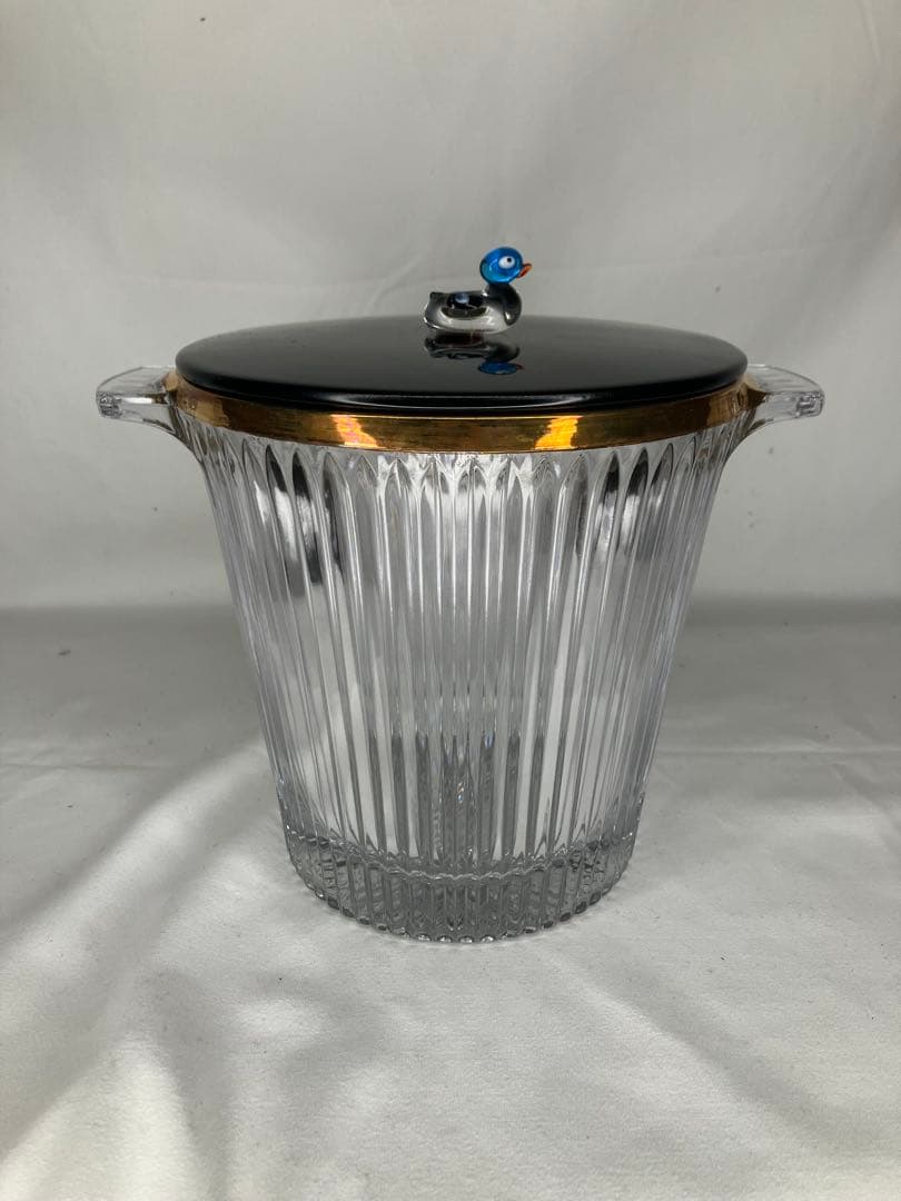 義山水指　ガラス　クリスタル　金縁末広　水鳥撮塗蓋付　水崎長寿　　茶道具