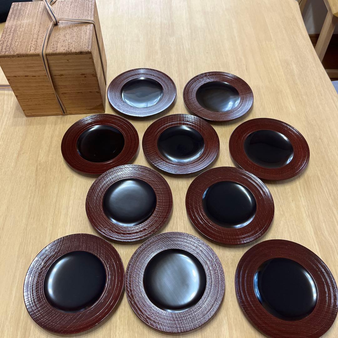 木地漆塗　糸目文　銘々皿　小皿１０枚　茶道具　懐石