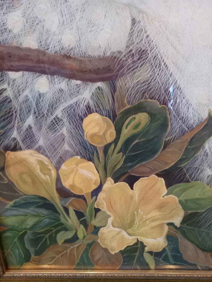 白孔雀 黄花 クジャク アートポスター 額付き フレーム付 アメリカ