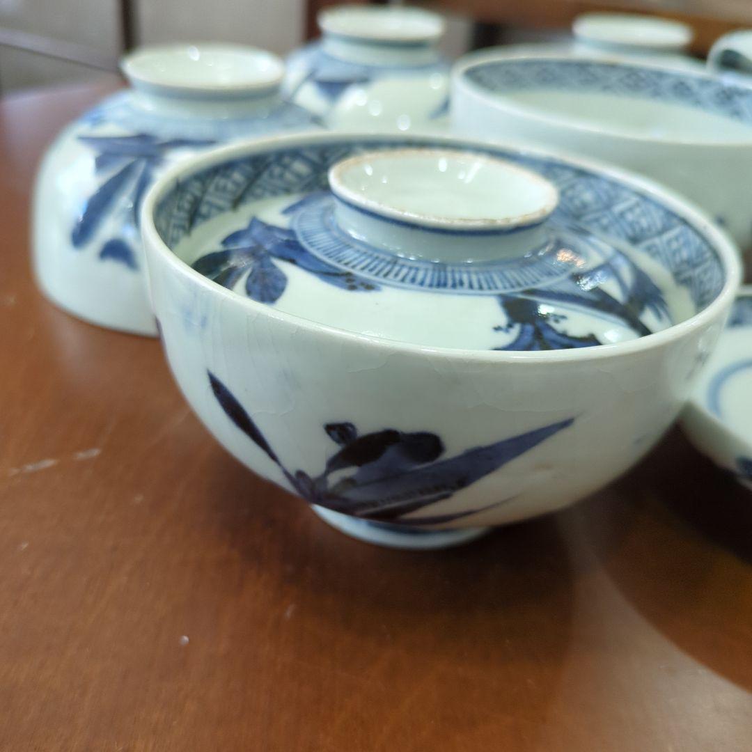 骨董　古伊万里　染め付け　蓋付き　茶碗　向付　アンティーク　5つ