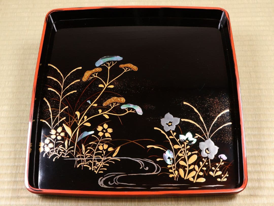 古い膳 螺鈿 流水草花 金銀蒔絵 四方膳 卓上 五客 根来 黒 木製 CM388