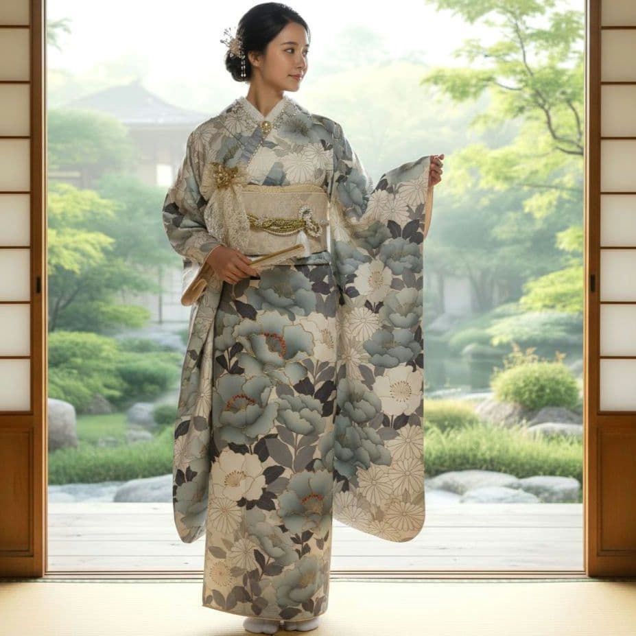 振袖フルセット(9点)・成人式・金彩加工・くすみ・金駒刺繍・胴裏正絹・逸品