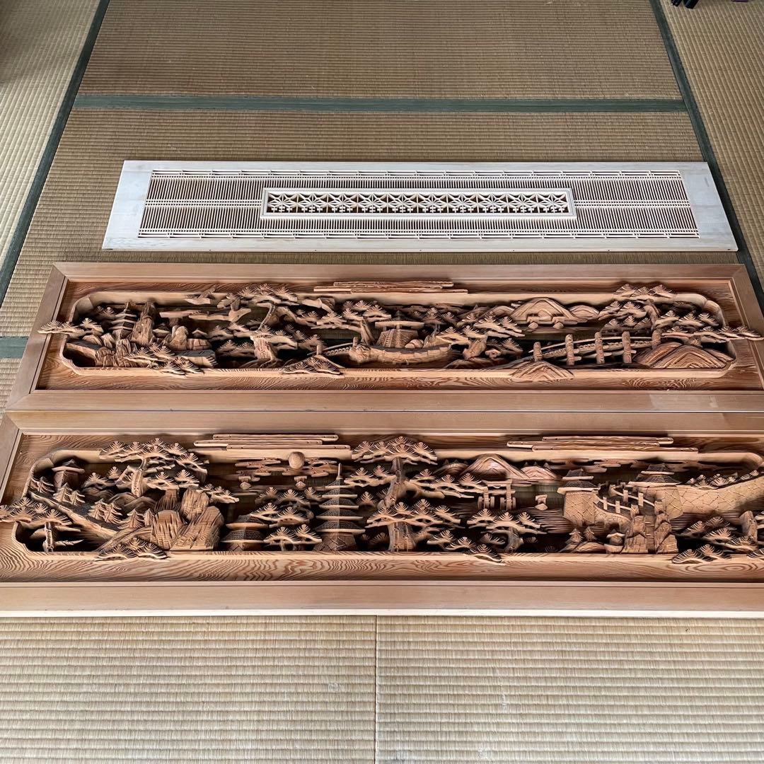 欄間 箱根寄木細工 木製彫刻 アンティーク 2枚他