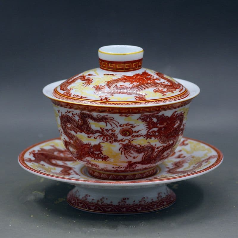 中国茶器 紅竜三才蓋碗 茶碗 湯飲み煎茶器 新品未使用