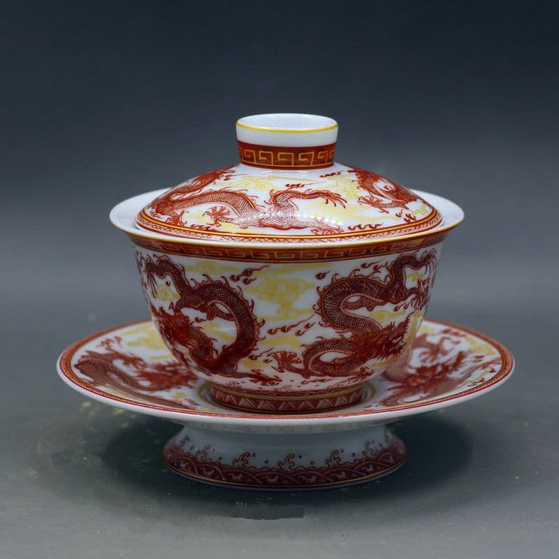 中国茶器 紅竜三才蓋碗 茶碗 湯飲み煎茶器 新品未使用