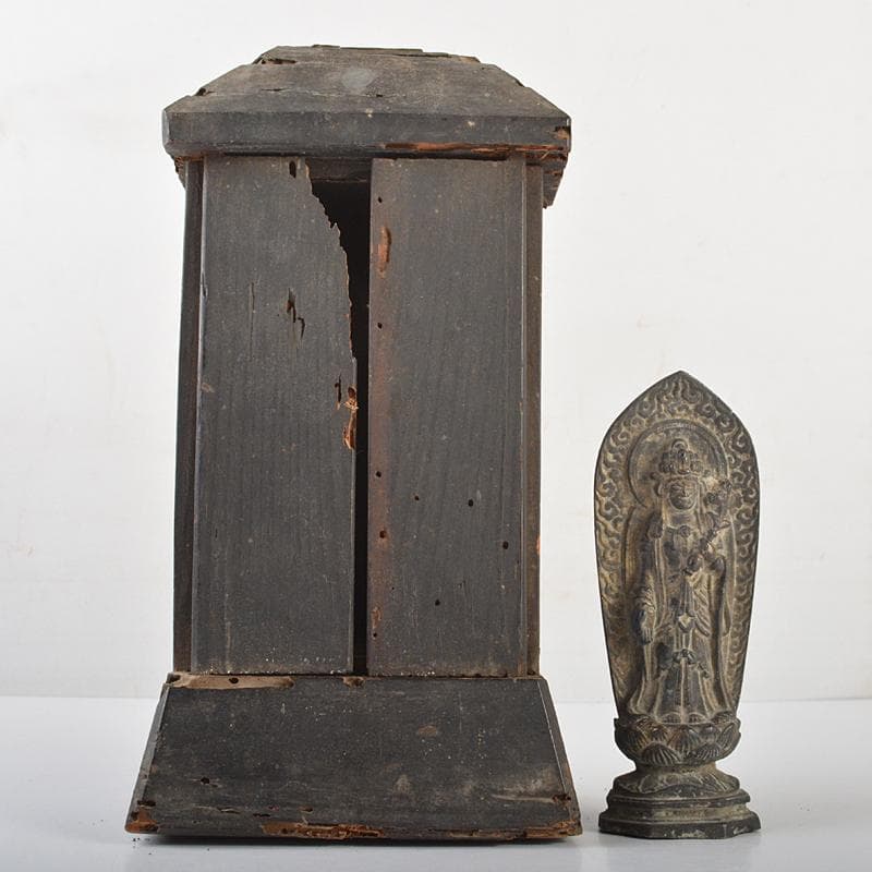 仏教美術　古銅鍍金　観音菩薩像　仏像　置物　観音開逗子付　C　R7239