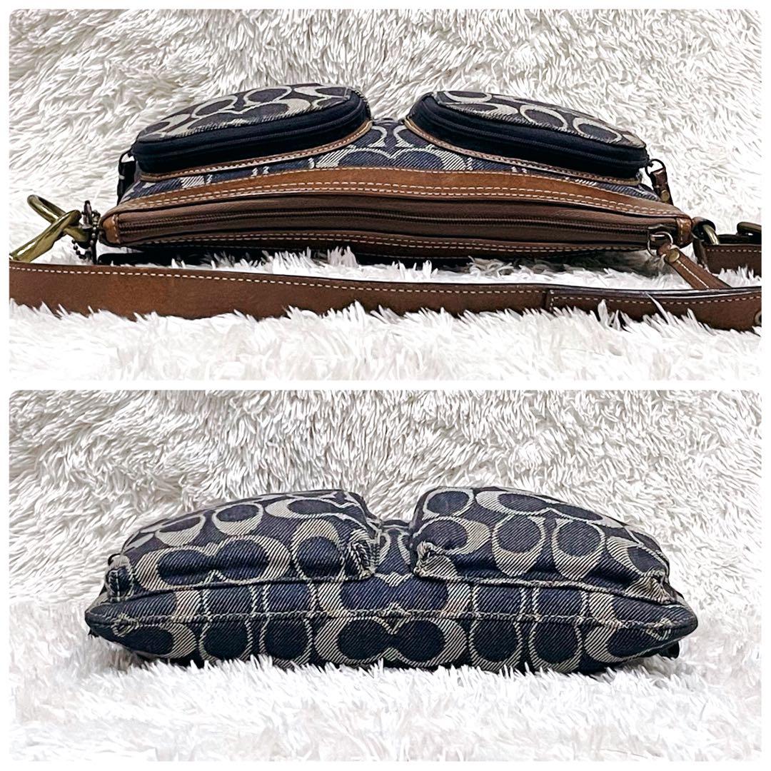 極美品 コーチ ワンショルダー バッグ シグネチャー デニム レザー ネイビー