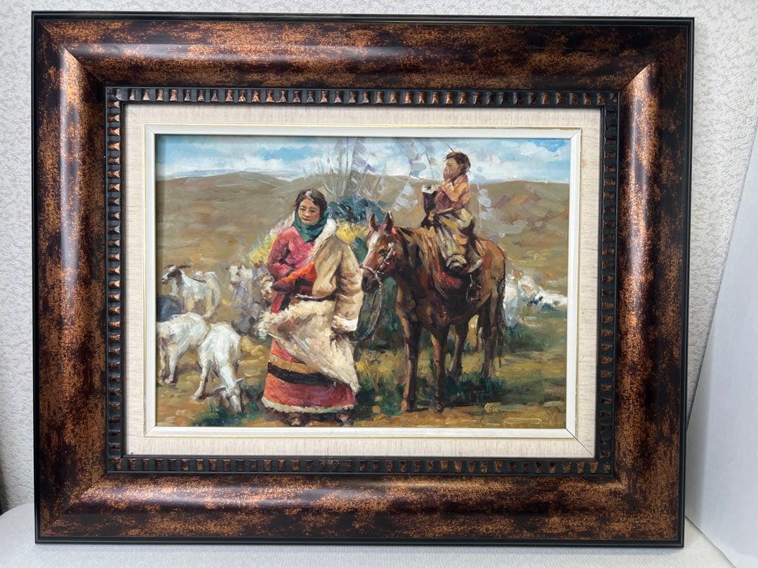 Liu Yong 油彩画 チベット　伝統的な衣装の人物と馬