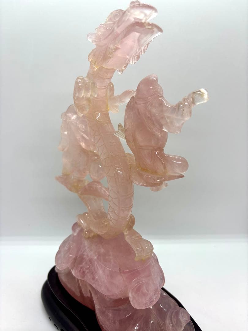 #甲州貴石細工 天然紅水晶（ローズクォーツ） 『龍と恵比寿大黒像』