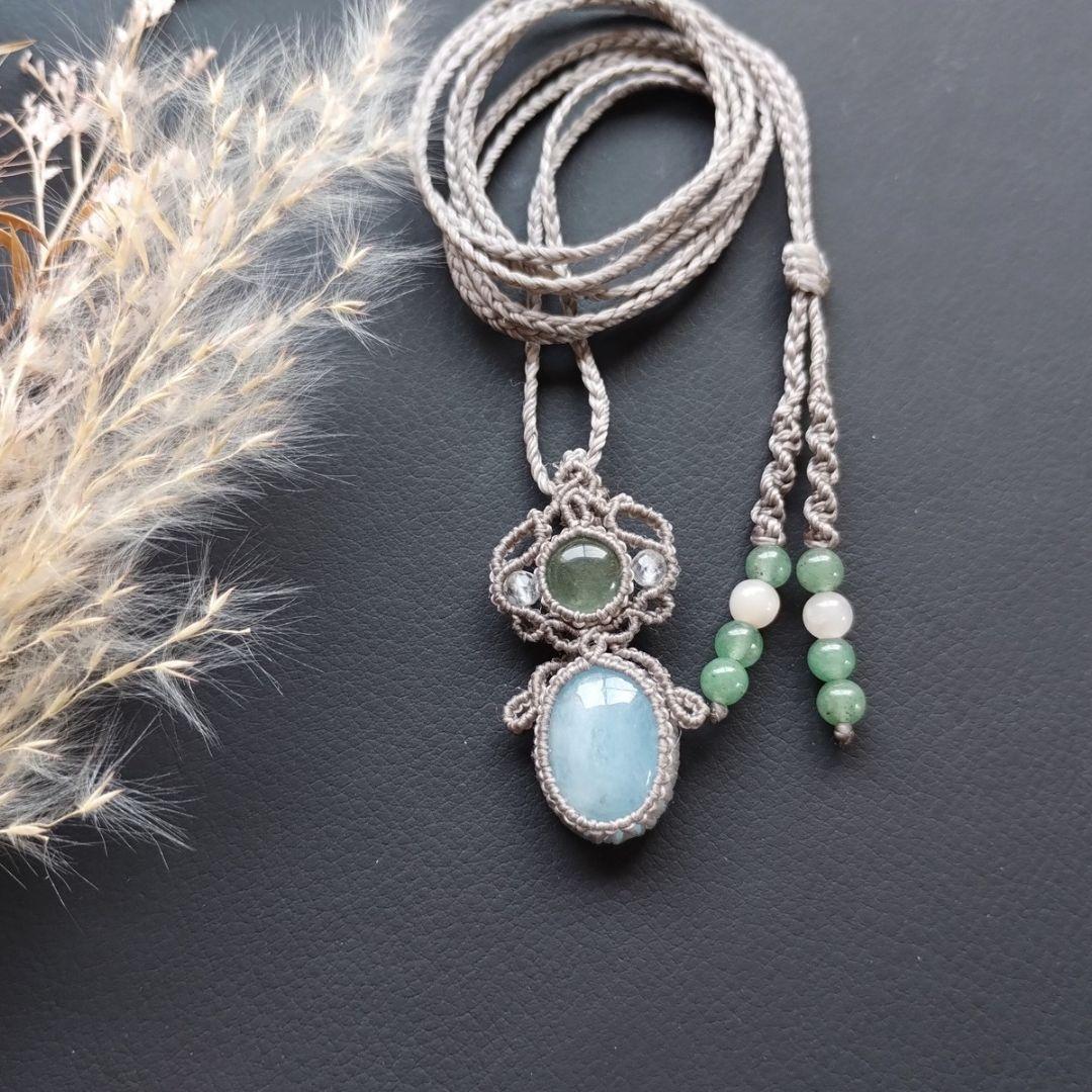 【特別価格】ストロベリークォーツ＆クンツァイトのマクラメ編みネックレス　天然石他