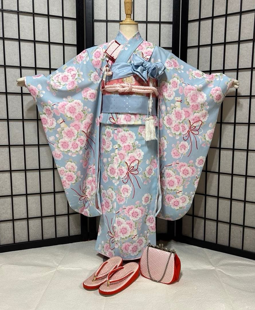 七五三　着物セット　7歳　水色　花柄　ポンポネット