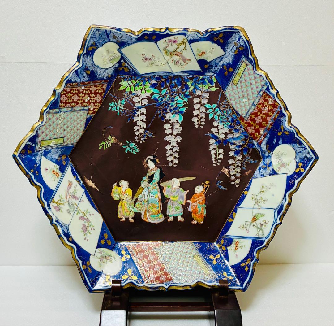 明治初期 香蘭社 色絵褐地藤絵人物文 ブラックホーソン六角大皿