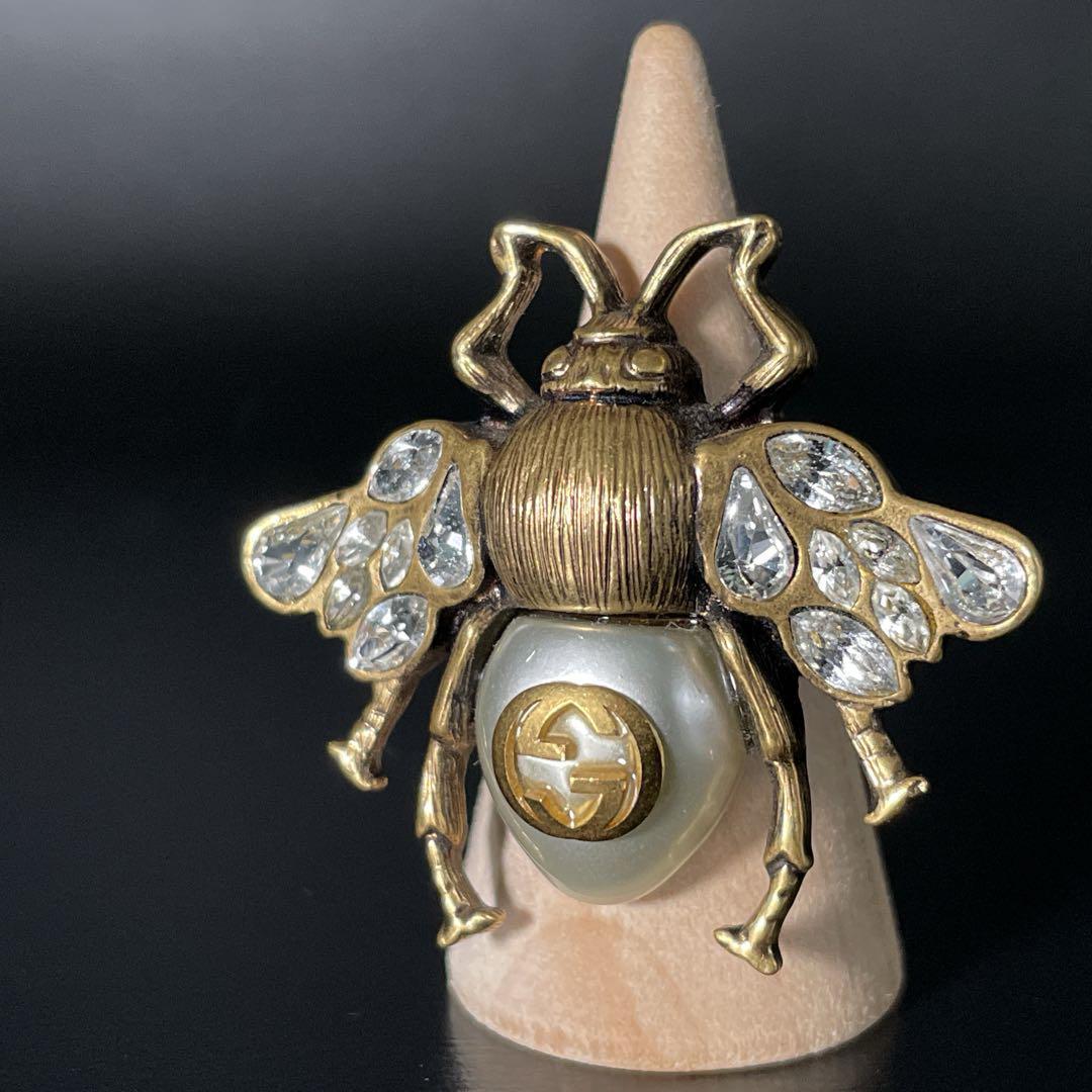 良品　グッチ リング インターロッキング 蜂 ビー パール ストーン 9号　指輪