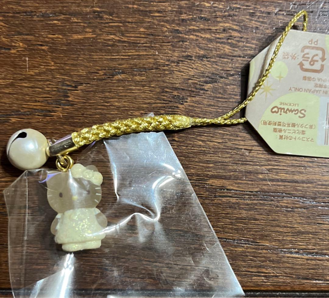 激レア　キティ　ラメ入りホワイトドレス　ストラップ　根付