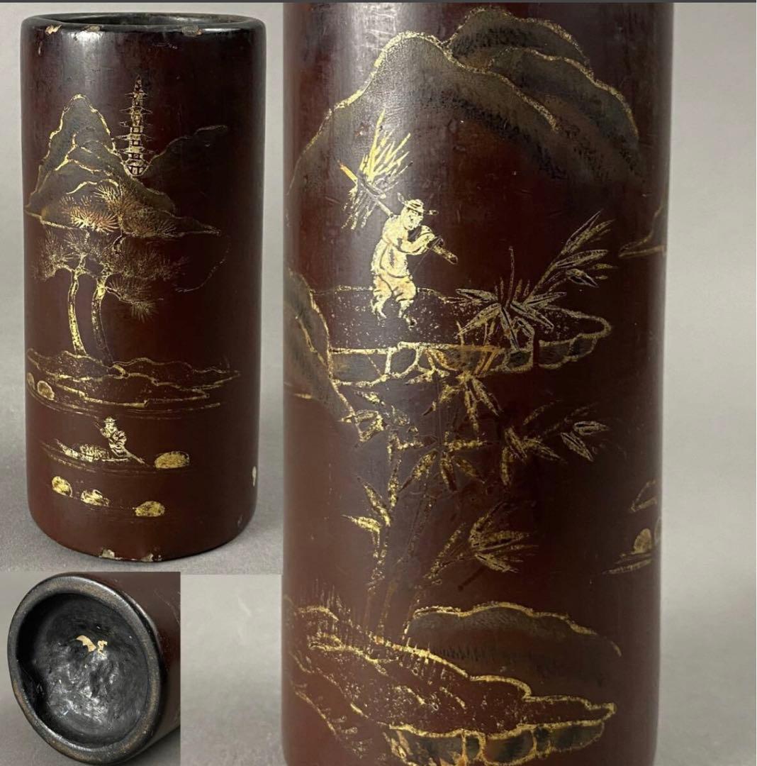 清~民国 黒漆金彩山水紋筆筒 X-85
