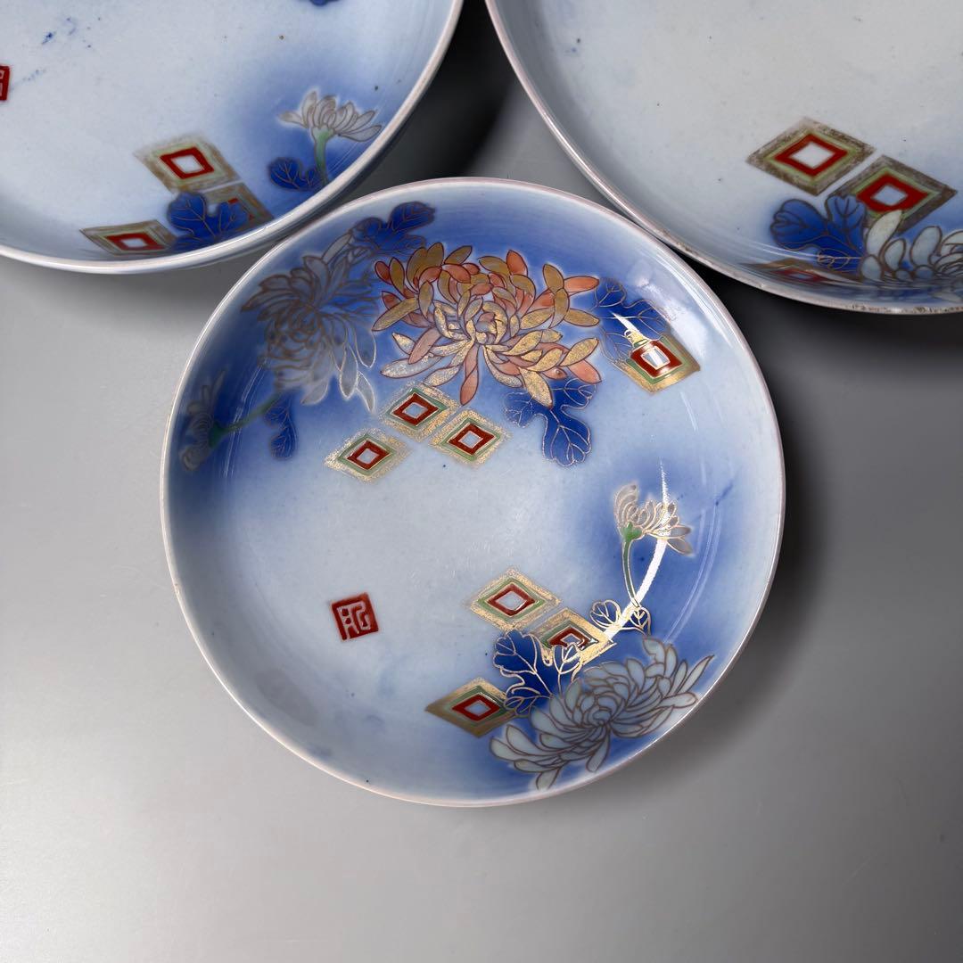 オールド深川製磁　明治時代　色絵菊文様三ツ鉢　深川ブルー　金彩　香蘭社