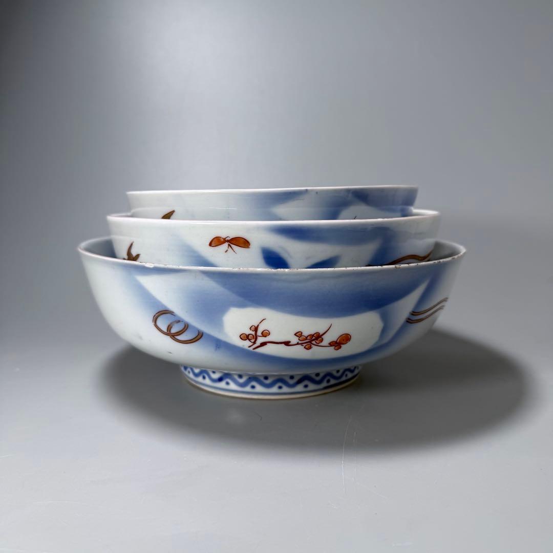 オールド深川製磁　明治時代　色絵菊文様三ツ鉢　深川ブルー　金彩　香蘭社