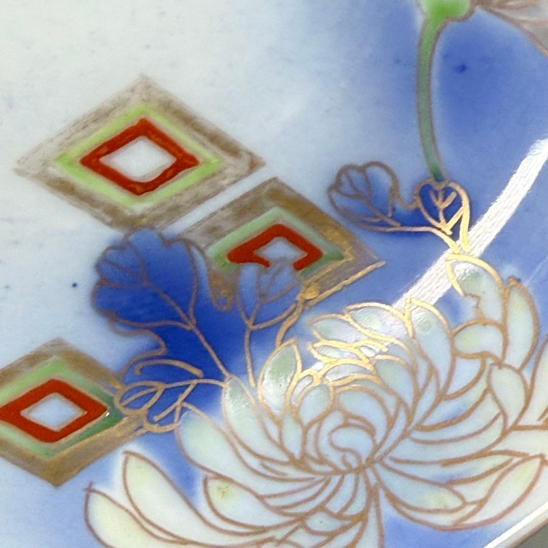 オールド深川製磁　明治時代　色絵菊文様三ツ鉢　深川ブルー　金彩　香蘭社