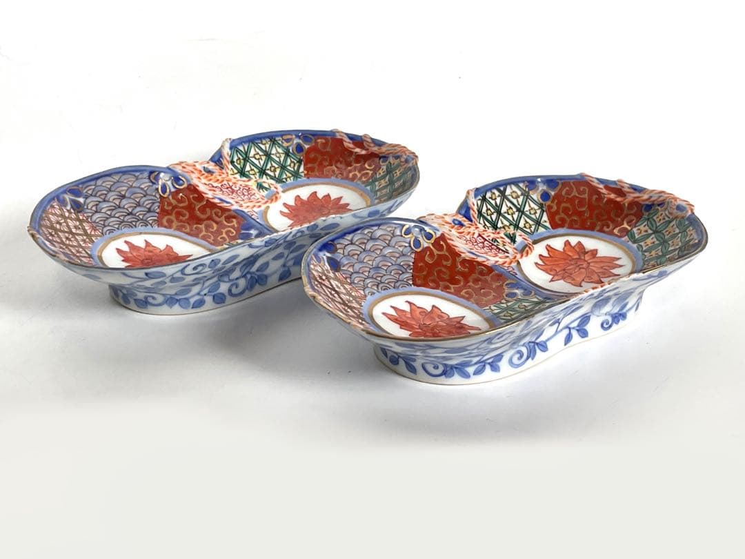 骨董　アンティーク　色絵　祥瑞　金襴手　双菊　瓢箪　向付　変形皿　2枚組