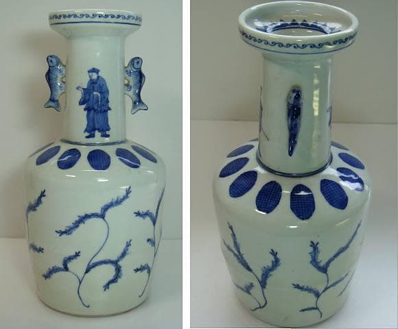 花瓶■城楽 窯院 人物 魚耳付き 染付け 唐草 花器 希少 古玩 時代物 骨董■