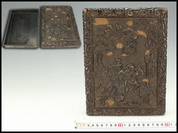 中国美術 彷 堆黒 具利縁 人物鳳鶴紋 蓋物(K-YC375)