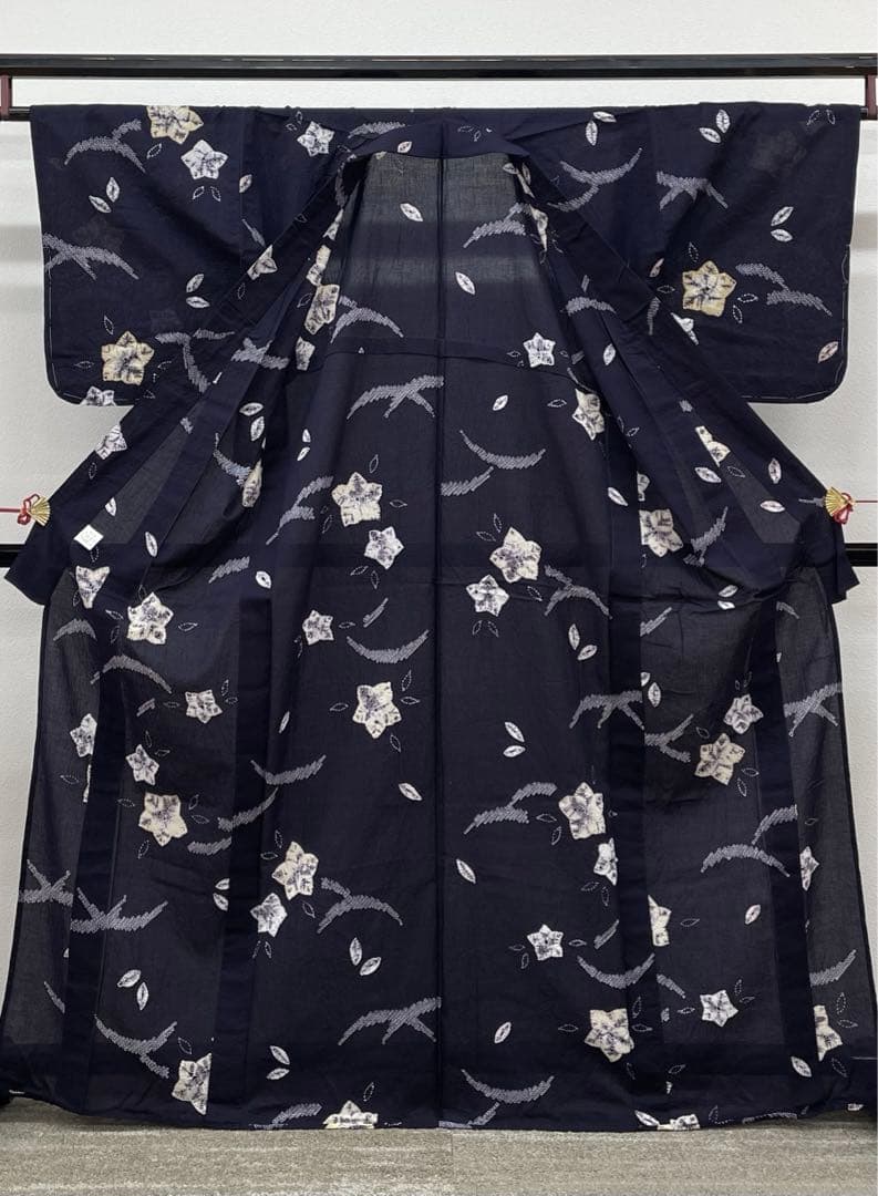 有松絞り 浴衣 夏物 桔梗文様 紺色系 綿100％ 躾糸付き NY029