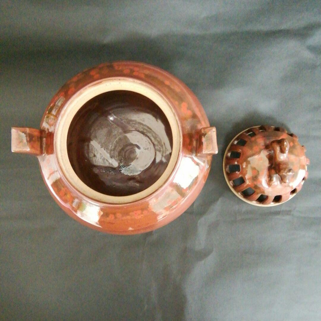 香炉　未使用　宝珠焼　柿釉耳付獅子香炉　桐箱付き（合わせ箱)　　昭和レトロ