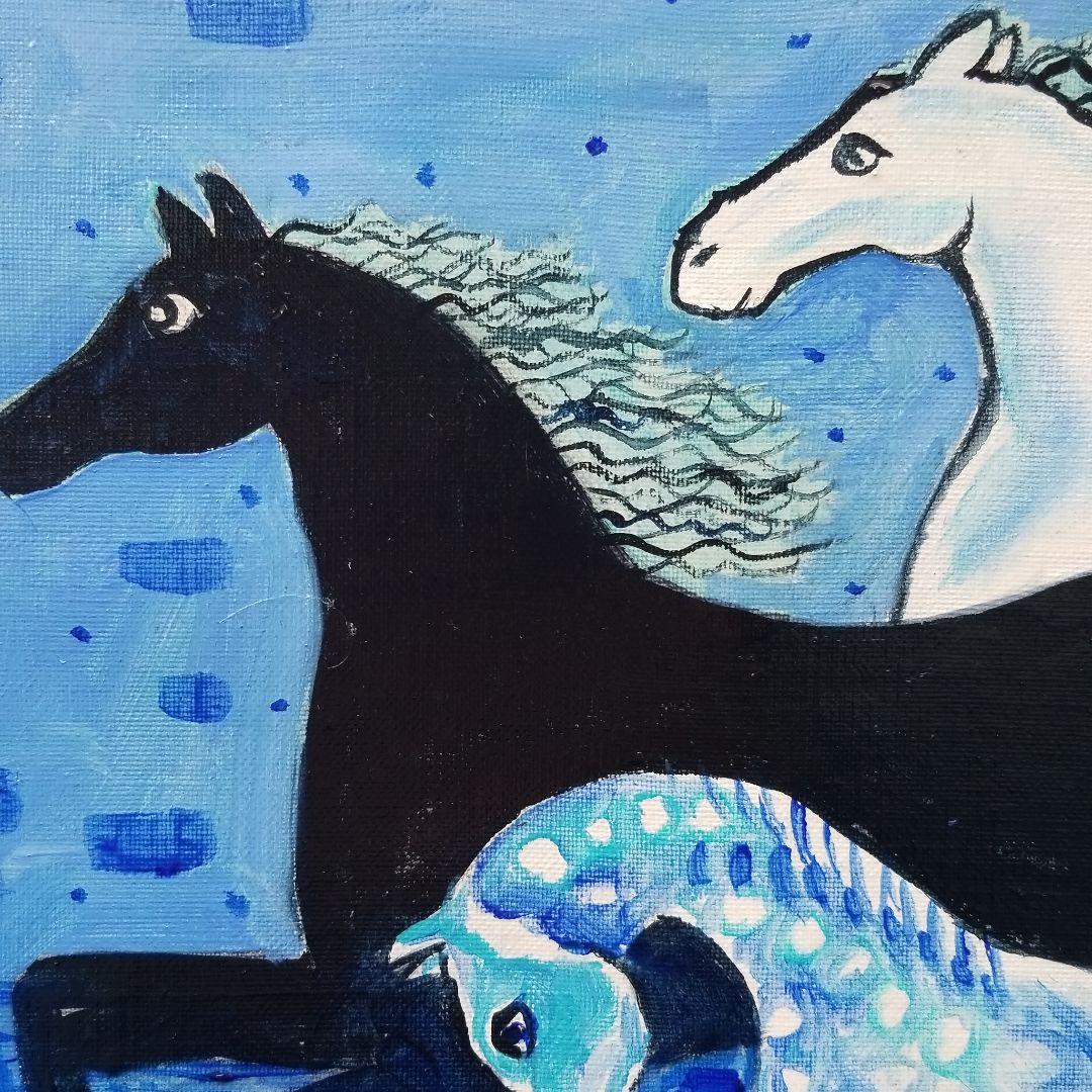 油絵　専用　青い世界の馬たち
