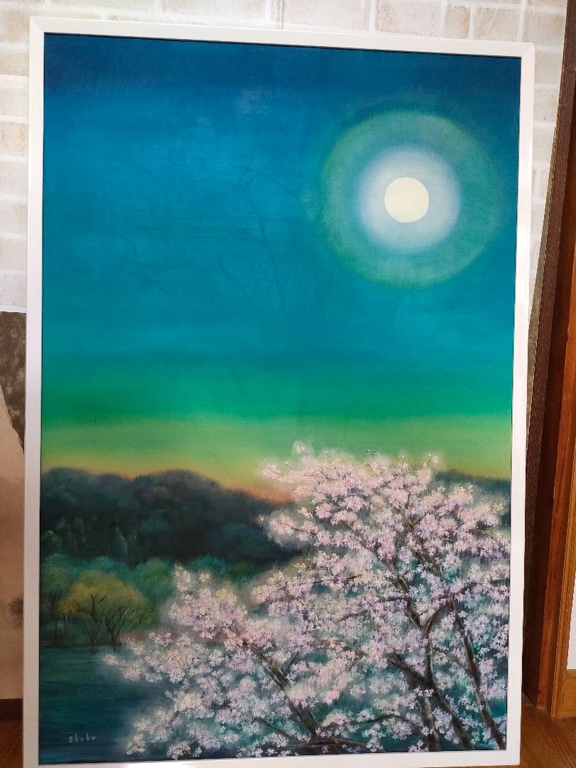 絵画　油彩画　Ｐ30号【春の夜明けに輝く月】