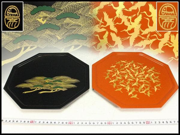 京都 象彦 松蒔絵 鶴蒔絵 菓子盆 一対 未使用(K-A998)