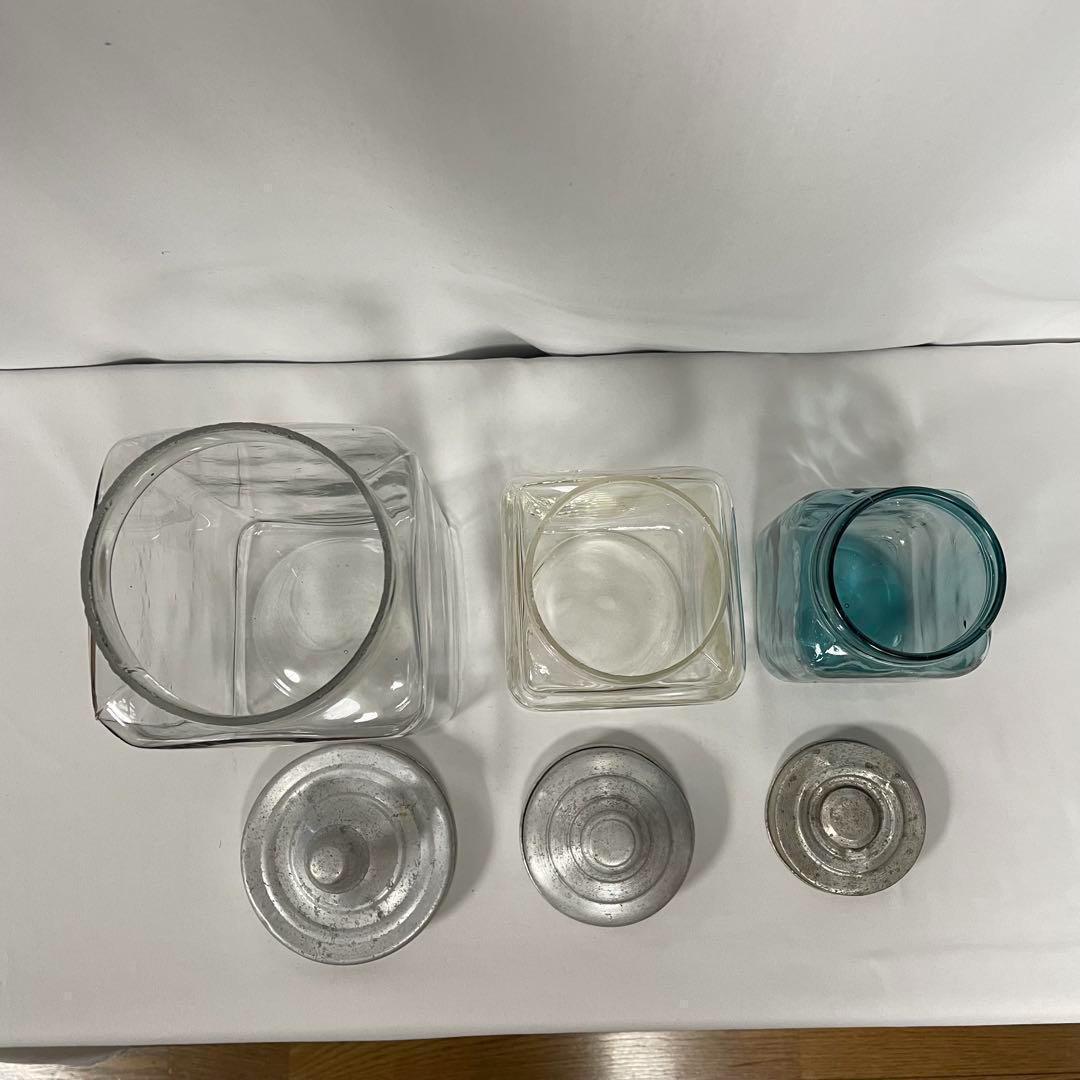 昭和レトロ ブリキ製蓋付きガラス瓶 3個セット