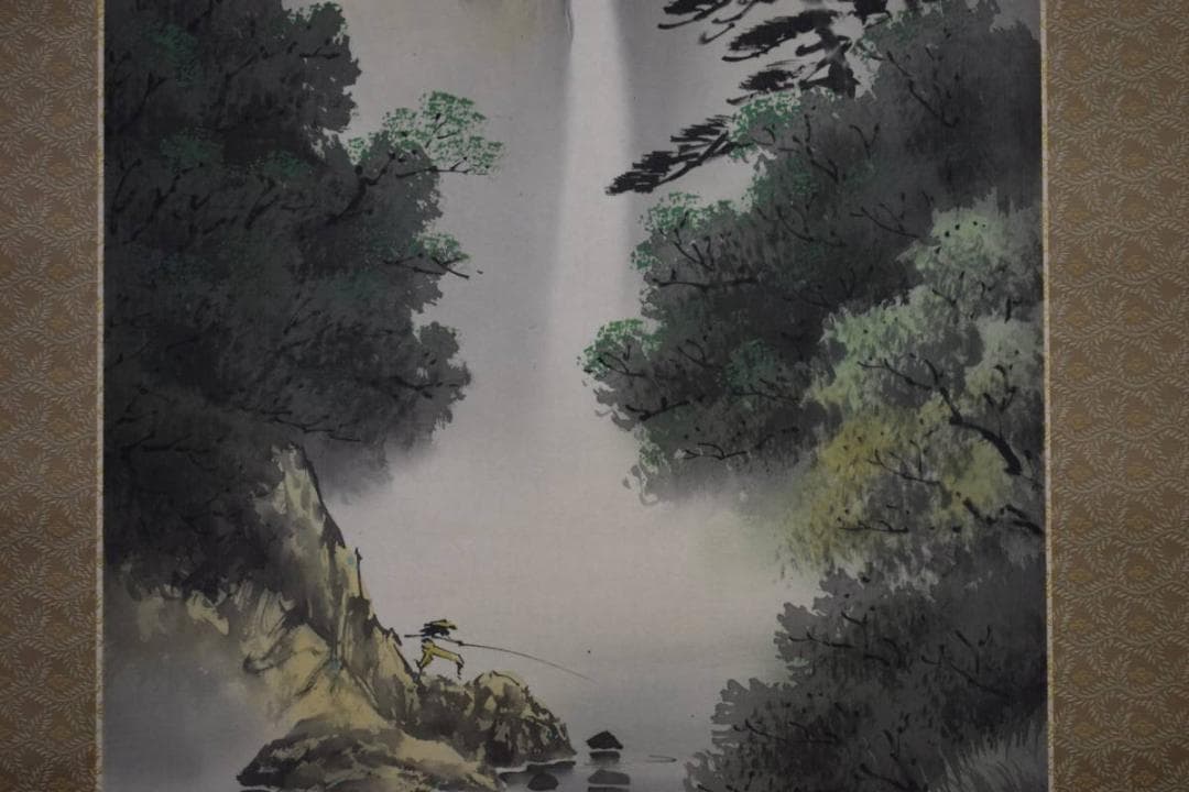 真作/西脇繁華/山村釣人図/桐共箱タトウ箱付/布袋屋掛軸HD-526