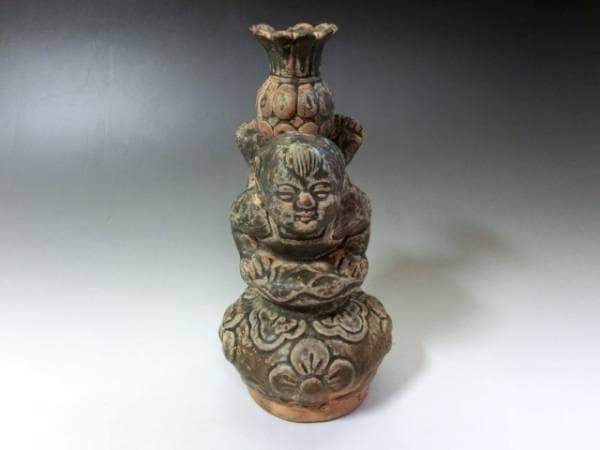 置物■唐子 花瓶 オブジェ 中国 時代物 古玩 古い花器 青磁 骨董品 希少■